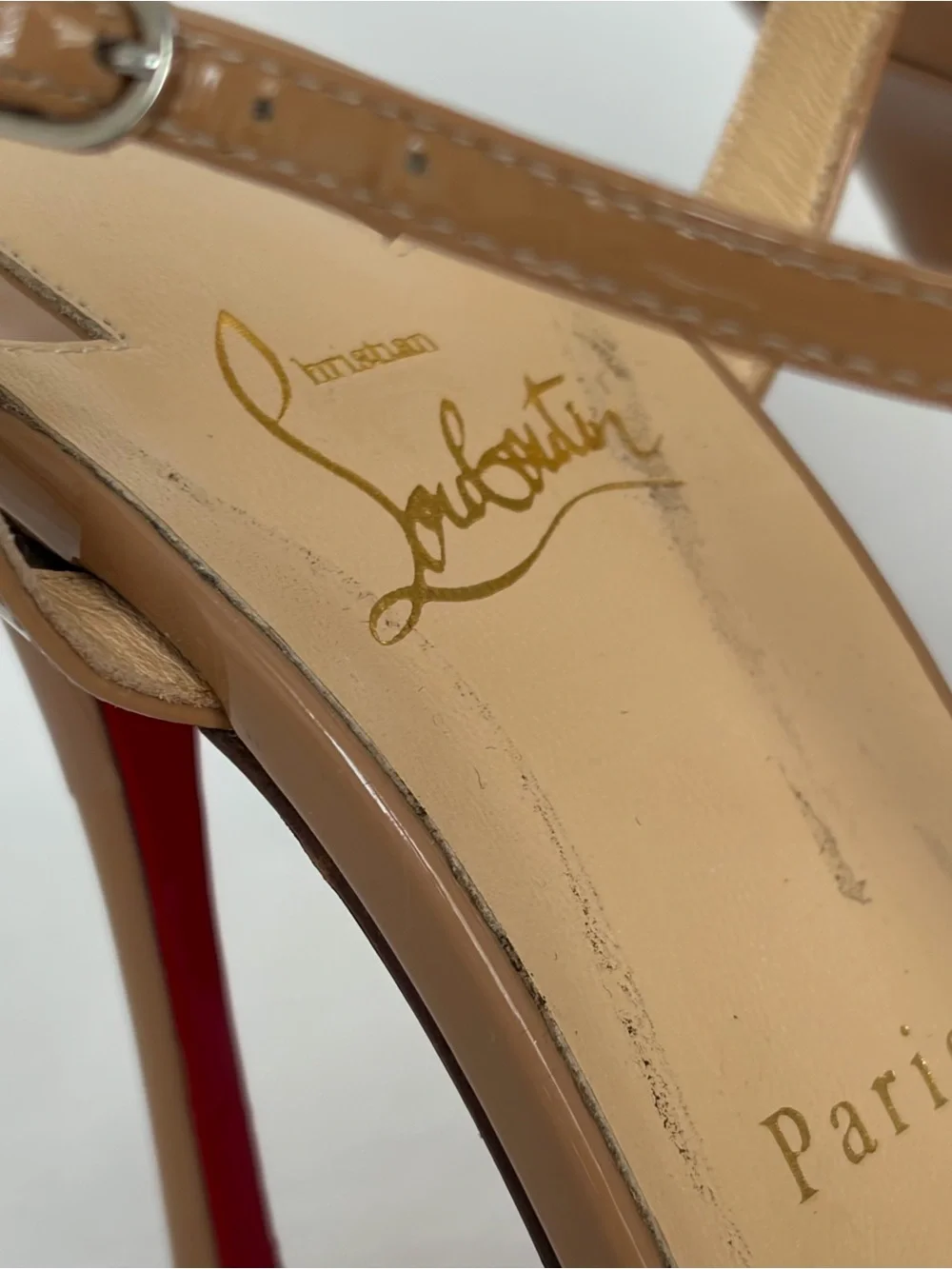 Christian Louboutin Nude Patent Leather T-Strap Slingback Pumps with Red Soles